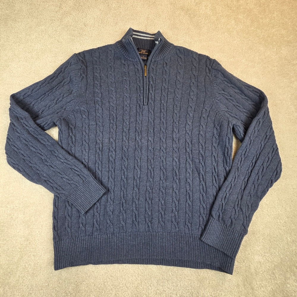 Brooks Brothers 346 Mens Blue Cotton Cable Knit Quarter Zip Sweater Large